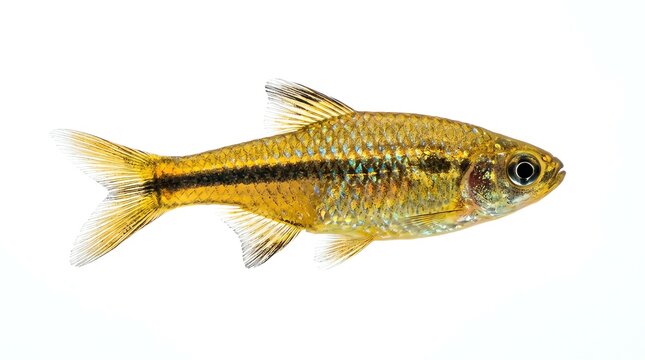Bright Yellow Small Fish with a Black Stripe Swimming in Front of a White Background