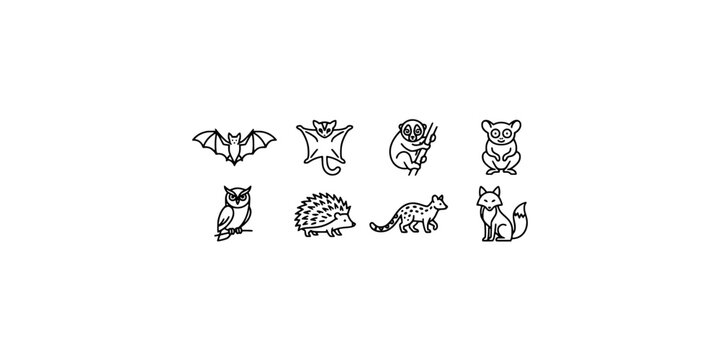 Icon set collection of various wild nocturnal animals and small forest creatures featuring minimalist line art style on white background.