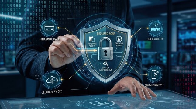 Cyber security concept with digital shield protecting financial data and core assets from threats on interactive touchscreen interface with binary code background