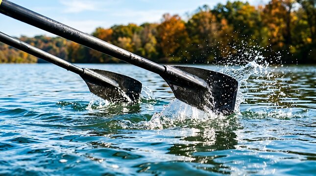 Two rowing oars splashing in a lake with colorful autumn trees in the background