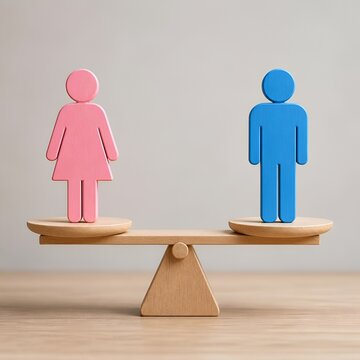 Gender equality concept: pink female and blue male figures balanced on a wooden scale.