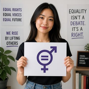 Asian Woman Holds Gender Equality Symbol, Empowering Women's Rights Message