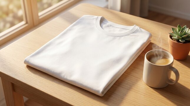 Blank white folded t-shirt mockup on wooden table next to coffee mug and small succulent plant in warm morning sunlight, Generative AI