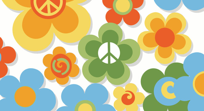 Retro Peace Flowers - Colorful 60s Psychedelic Floral Pattern