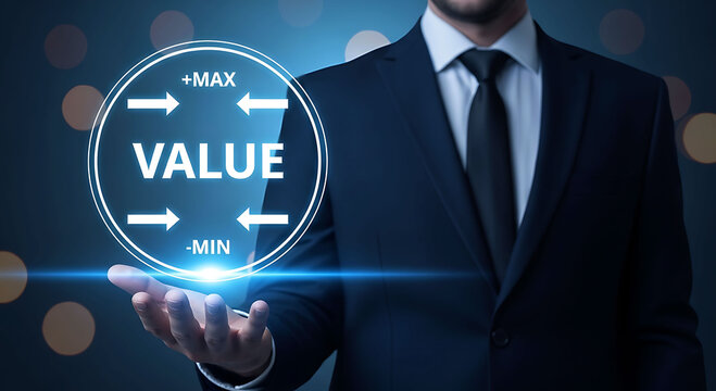 Businessman holding virtual glowing circle with maximum and minimum value icon