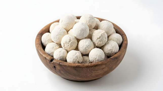 Traditional Uzbek Qurt, hard dried salted yogurt balls in a small bowl, isolated on a pure white background