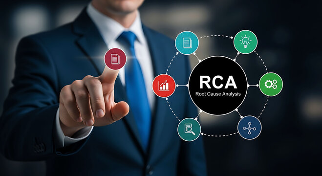 Businessman pointing at root cause analysis RCA diagram for business problem solving