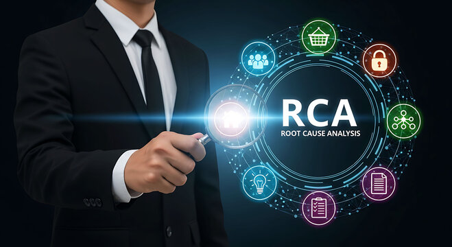 Businessman holding magnifying glass focusing on RCA Root Cause Analysis concept