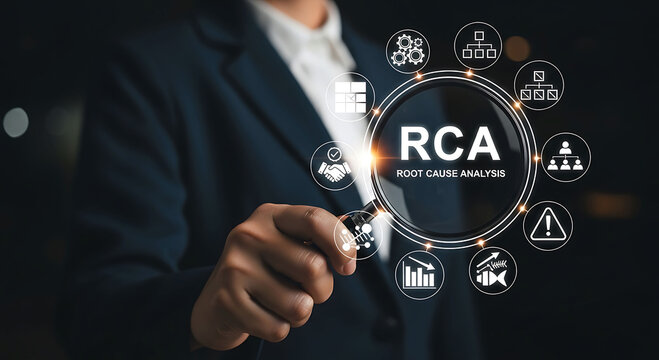 Business person using magnifying glass for Root Cause Analysis RCA process icons