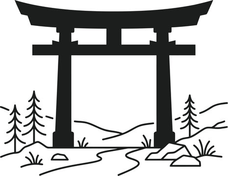Black silhouette illustration of a traditional japanese torii gate with japanese tradition architecture landmark silhouette religion spiritual entrance gatekeeper landscape minimalist