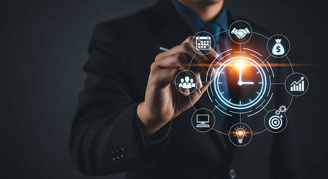 Businessman managing project tasks and time with digital clock virtual interface