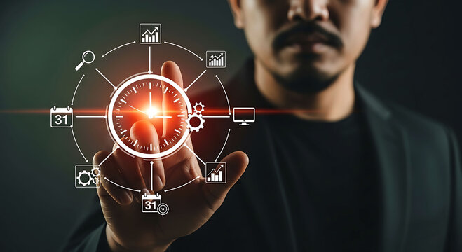 Businessman touching virtual clock icon managing time and productivity schedules