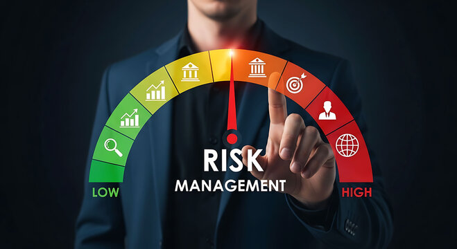 Businessman pointing at risk management meter with low to high levels