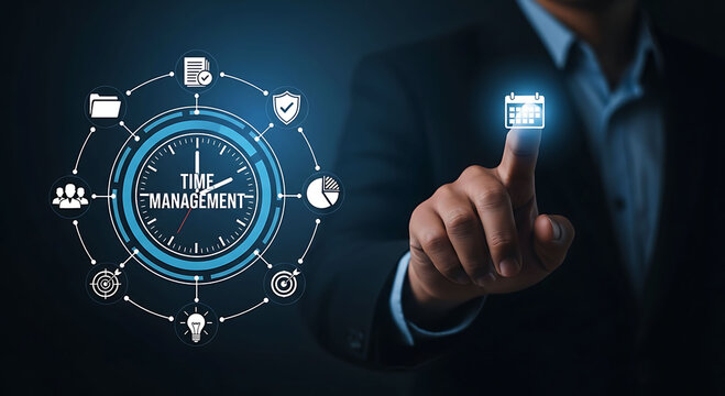 Businessman touching calendar icon planning tasks and managing time efficiently