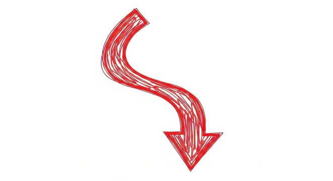 Hand Drawn Red Scribble Arrow Pointing Downwards on White Background - Concept of Decline, Loss, and Negative Trend