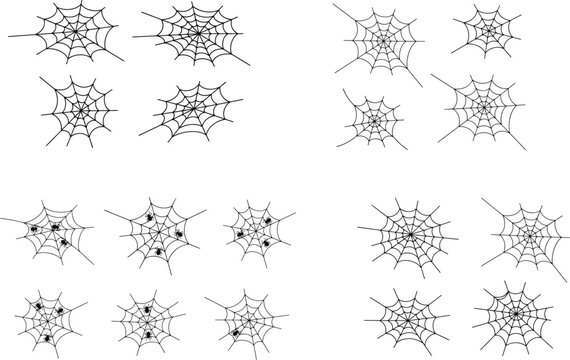 Black vector silhouettes of spider webs with varied designs including empty webs and webs with spiders
