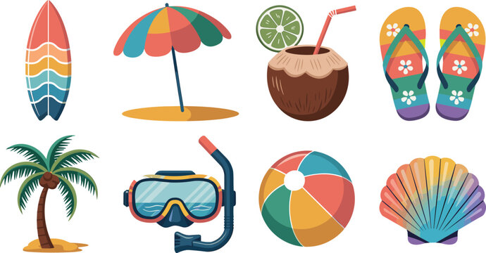 Colorful cartoon vector illustrations of summer beach items including surfboard, umbrella, coconut drink, flip-flops, palm tree, snorkeling mask, beach ball, and seashell