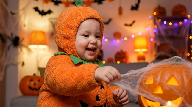 Halloween toddler in pumpkin costume playing with decorations for festive celebration fun marketing materials