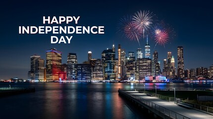 Obraz premium Happy Independence Day Patriotic City Skyline Night Banner.