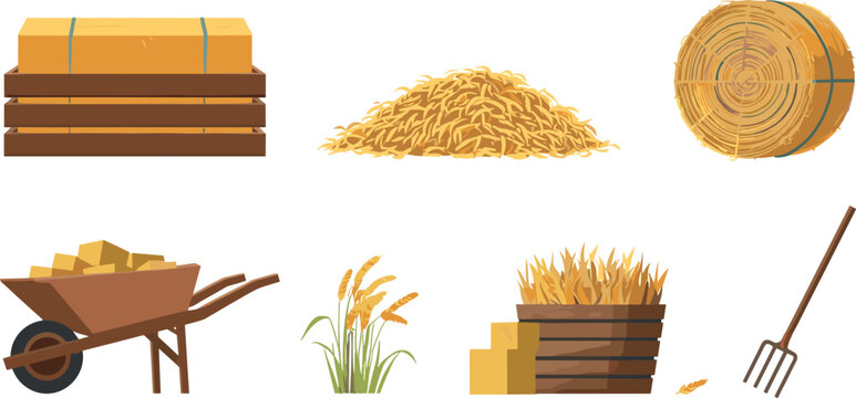 Agricultural Hay and Straw Harvest Vector Icon Set with Haystacks Round Bales Wooden Crate Wheelbarrow Pitchfork Wheat Stalks and Farm Elements