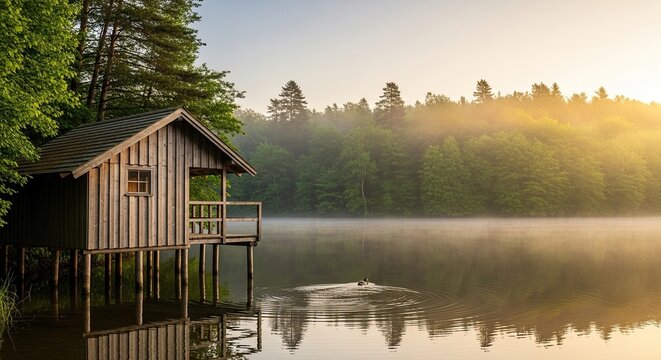 Rustic wooden cabin on stilts over misty lake at sunrise