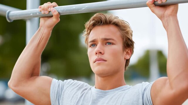 Close up of young man doing pull ups at outdoor gym in the afternoon Generative AI