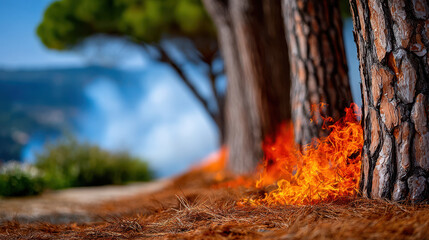 Fototapeta premium Burning row of pine trees with flames along the ground and coastal smoke for wildfire awareness banner and environmental design