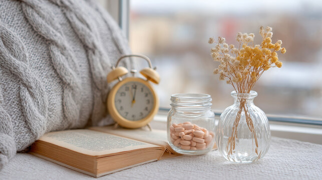 Jar of tablets beside a glass of water on a cozy window ledge with book, alarm clock and vase for home wellness background