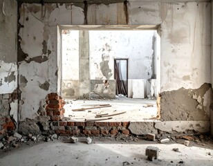 Naklejka premium Dilapidated interior scene with brick and exposed wall sections and sunlight