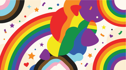 Colorful rainbow-themed abstract background featuring a silhouette profile with hearts, stars, and vibrant pride-inspired elements in a playful vector design. © AI illustration 