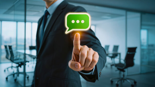 Customer support chat interface with green message icon for service request, client response, help desk contact, business feedback and online assistance.