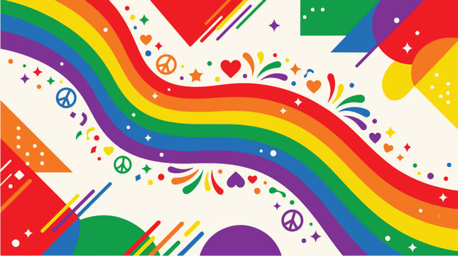 Colorful rainbow wave background with hearts, peace symbols, stars, and decorative elements in a cheerful retro pop art style.