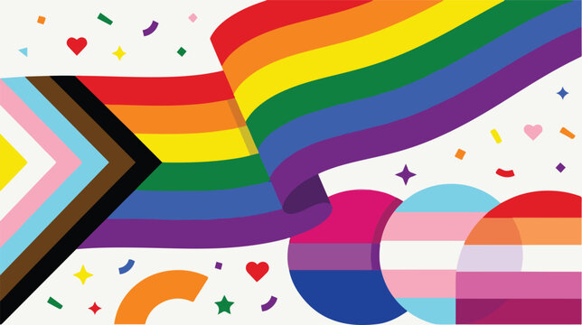 Colorful LGBTQ+ pride flag illustration featuring inclusive rainbow, transgender, and progress pride elements with confetti, hearts, and festive celebration design.