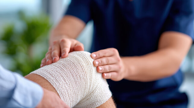 Doctor wrapping compression bandage on patient knee for medical care and rehabilitation poster or clinic brochure background