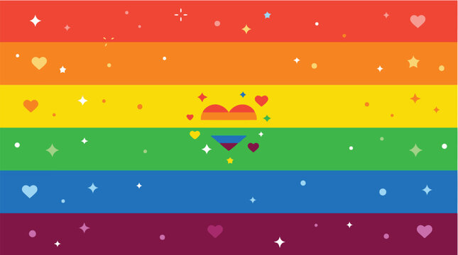 Colorful rainbow pride flag background with hearts, stars, and decorative geometric elements. Bright LGBTQ+ symbol design in a flat vector illustration style.