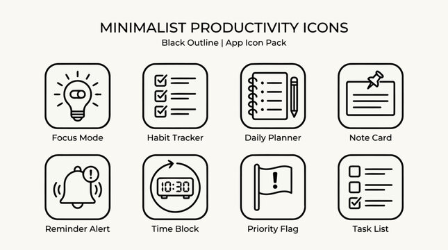 Focus mode habit tracker daily planner note card reminder alert time block priority flag task list icons.