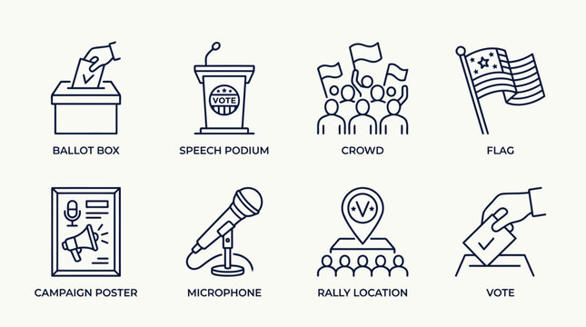 Political election campaign icons with ballot box speech podium crowd flag and vote.