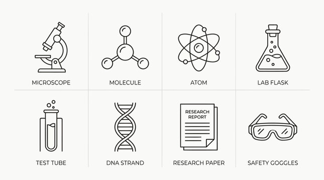 Microscope, molecule, atom, lab flask, test tube and DNA strand icons.
