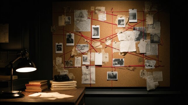 Corkboard filled with photos and documents, connected by red string