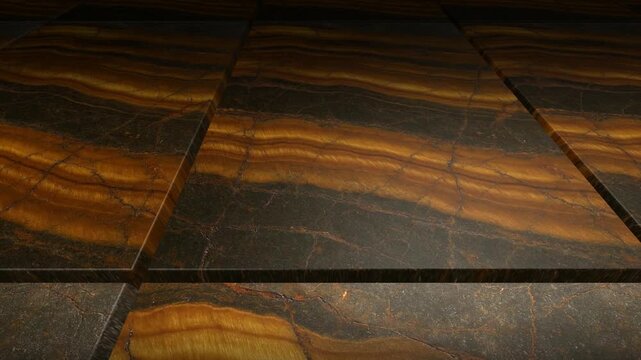 Slow tracking shot across natural Tigers Eye tiles with shimmering mineral deposits highlighting the golden chatoyant bands and rich organic gemstone texture