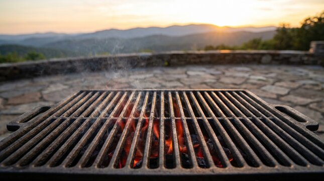 Cast iron grill grate over glowing coals at sunset overlooking mountain view