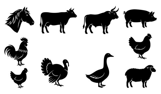 Black farm animal silhouettes set featuring livestock poultry and domestic ranch animals isolated vector illustration