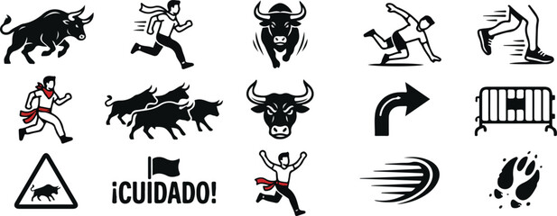 Spanish Running of the Bulls Icon Set, San Fermin Festival Vector Elements © thea_sketch