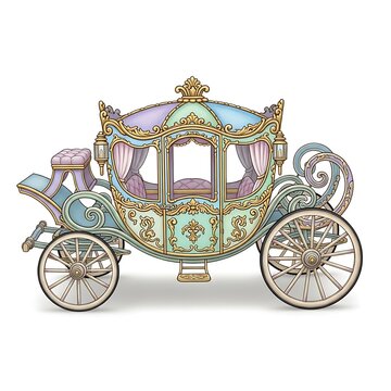 Intricate ornate horse drawn carriage with gold accents.