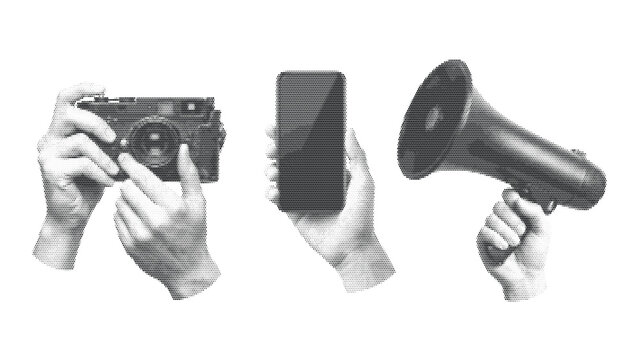 A collection of three hands holding different objects: a vintage camera, a modern smartphone, and a megaphone, rendered in a halftone dot style isolated on white.