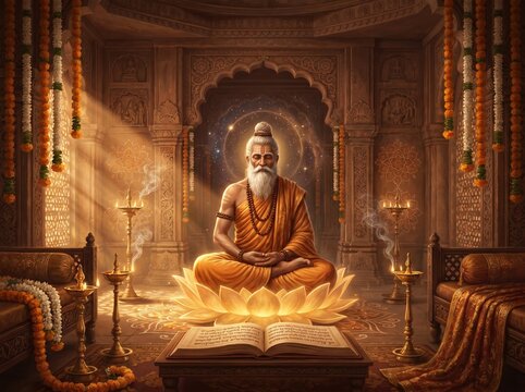 Vibrant Guru Purnima celebration with a wise guru meditating amidst colorful flowers, fruits, and an open holy book in an ornate temple hall
