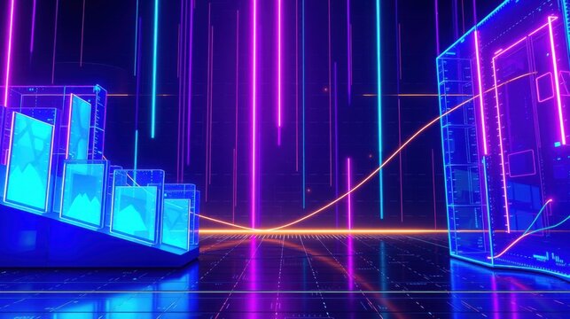 Futuristic digital landscape. Glowing neon lines form charts, grids, structures. Dark background emphasizes vibrant colors, creating immersive scene.