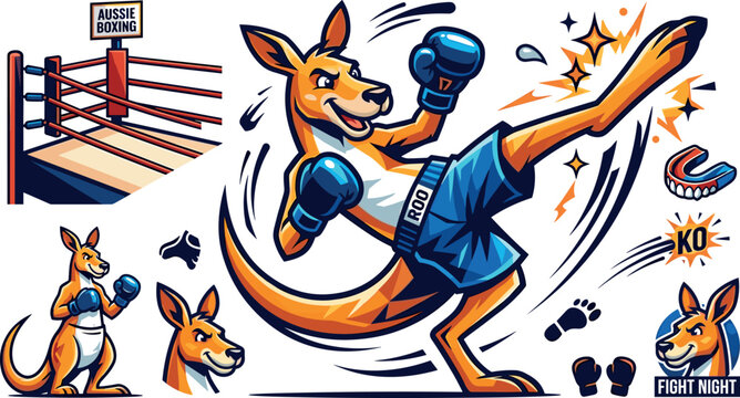 Dynamic Kickboxing Kangaroo Mascot Vector Set with Boxing Ring High Kick Pose Mouthguard and Fight Night Logo Badges for Sports Club Designs