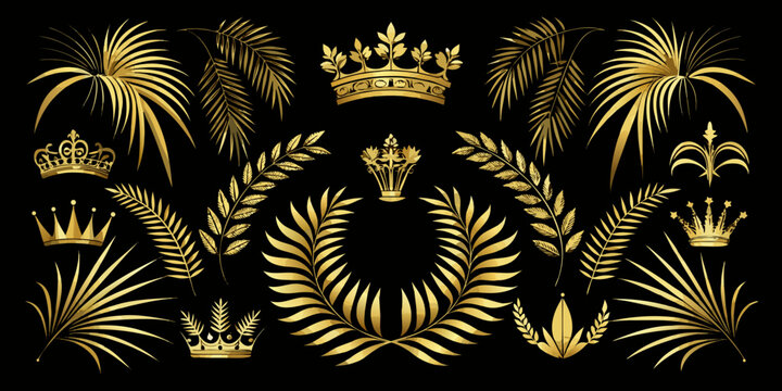 Golden crowns and tropical palm leaves decorative set, vector