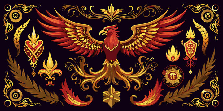 Majestic fire bird phoenix with ornamental design elements, vector